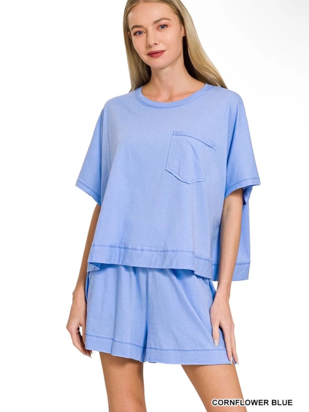 NEW Zenana Cornflower Blue Exposed Seam Boxy Top & Shorts Set – S, M, L